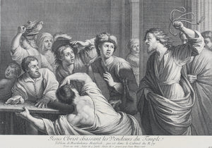 Bartolommeo Manfredi, after. The expulsion of the moneychangers. Engraving by Jean-Baptiste Haussard. 1742.