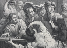 Load image into Gallery viewer, Bartolommeo Manfredi, after. The expulsion of the moneychangers. Engraving by Jean-Baptiste Haussard. 1742.
