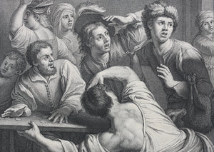Bartolommeo Manfredi, after. The expulsion of the moneychangers. Engraving by Jean-Baptiste Haussard. 1742.