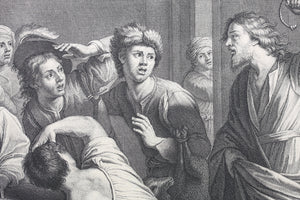 Bartolommeo Manfredi, after. The expulsion of the moneychangers. Engraving by Jean-Baptiste Haussard. 1742.