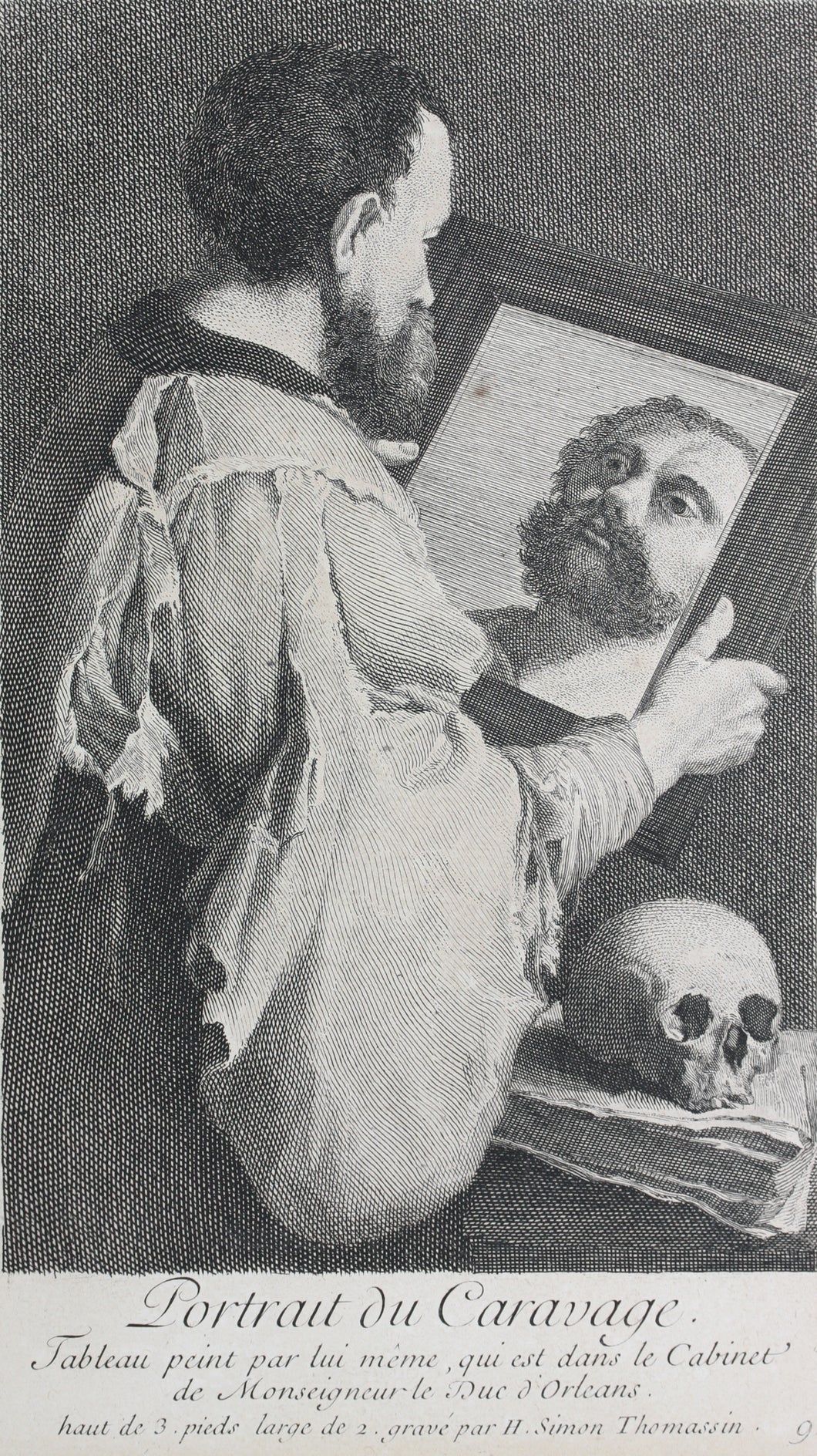 Portrait of Michelangelo Merisi da Caravaggio. Etching by Henri Simon Thomassin. 1742.