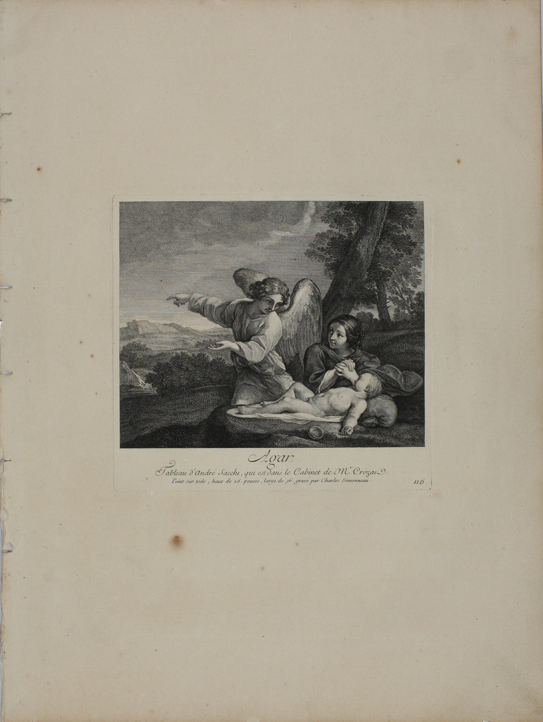 Andrea Sacchi, after. Hagar. Engraving by Charles Simonneau. 1742.