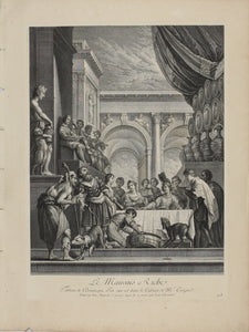 Domenico Fetti, after. Rich man and Lazarus. Engraving by Jean Baptiste Haussard. 1742.
