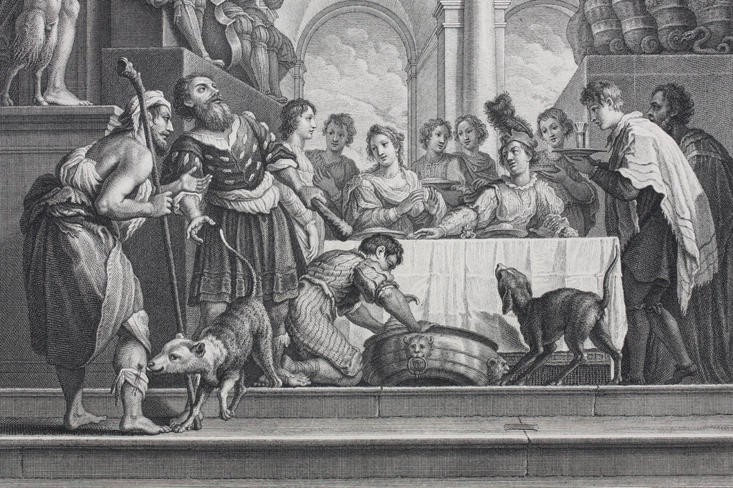 Domenico Fetti, after. Rich man and Lazarus. Engraving by Jean Baptiste Haussard. 1742.