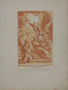 Giovanni Maria Morandi, after. The Annunciation. Engraving by Anne Claude de Caylus. 1742.