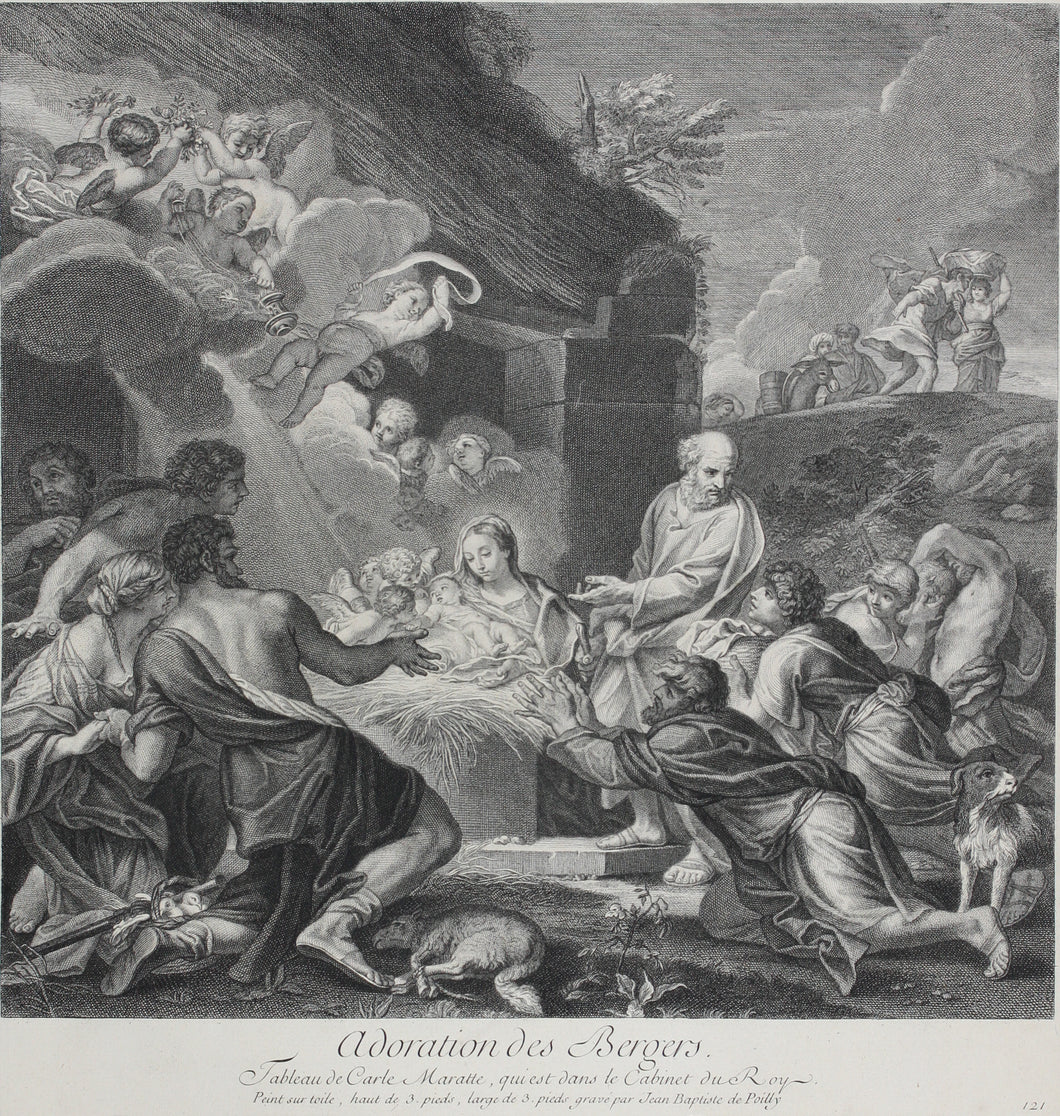 Carlo Maratti, after. The adoration of the shepherds. Engraving by Jean de Poilly. 1742.