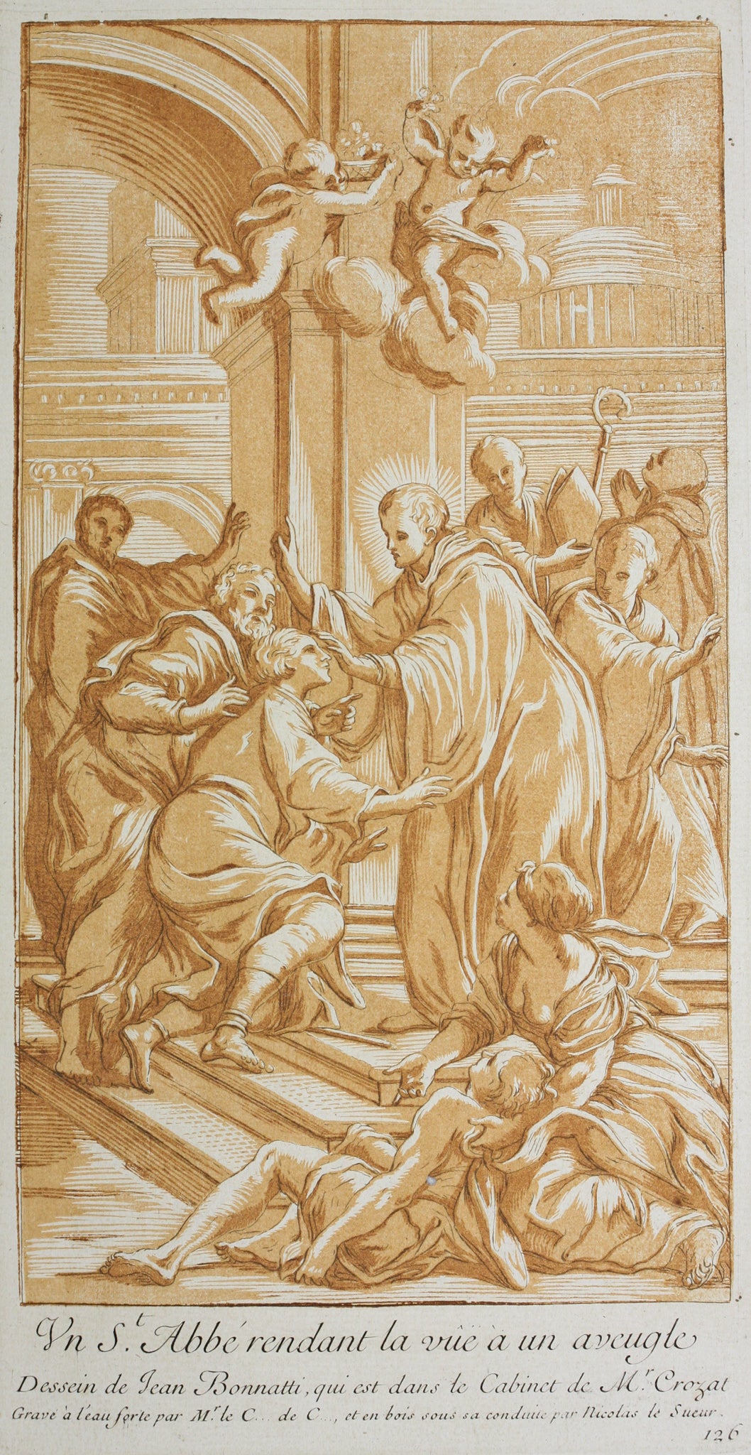 Giovanni Bonatti, after. A holy abbot restoring sight to a blind man. Engraving by Anne Claude de Caylus. 1742.