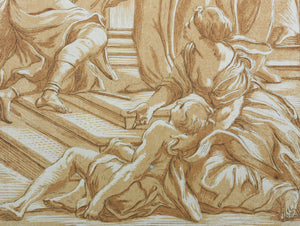 Giovanni Bonatti, after. A holy abbot restoring sight to a blind man. Engraving by Anne Claude de Caylus. 1742.