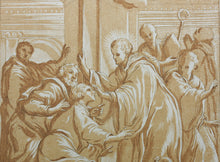 Load image into Gallery viewer, Giovanni Bonatti, after. A holy abbot restoring sight to a blind man. Engraving by Anne Claude de Caylus. 1742.
