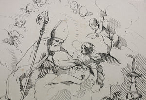 Giacinto Brandi, after. Sick people invoking a holy bishop. Etching by Anne Claude de Caylus. 1742.