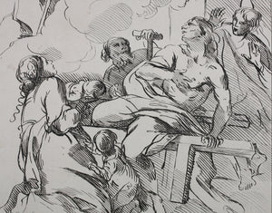 Giacinto Brandi, after. Sick people invoking a holy bishop. Etching by Anne Claude de Caylus. 1742.