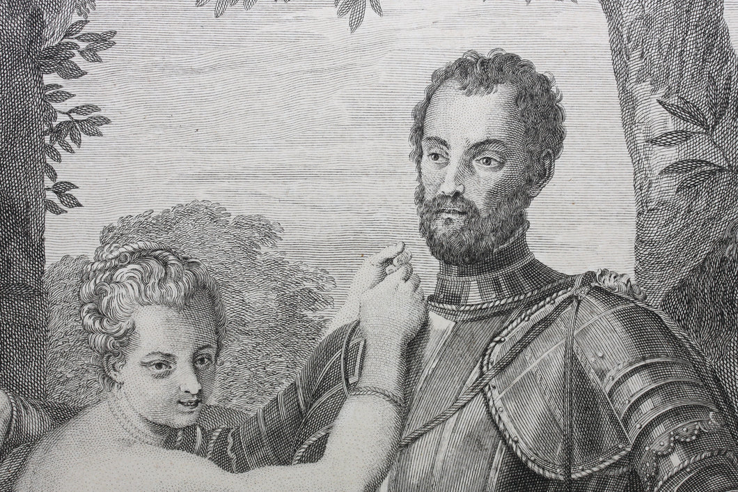 Paolo Veronese, after. Mars disarmed by Venus. Engraving by Michel Aubert. 1742.