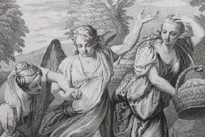 Paolo Veronese, after. Lot and his daughters fleeing Sodom. Engraving by Benoît Audran II. 1742.