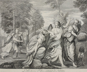 Paolo Veronese, after. Lot and his daughters fleeing Sodom. Engraving by Benoît Audran II. 1742.