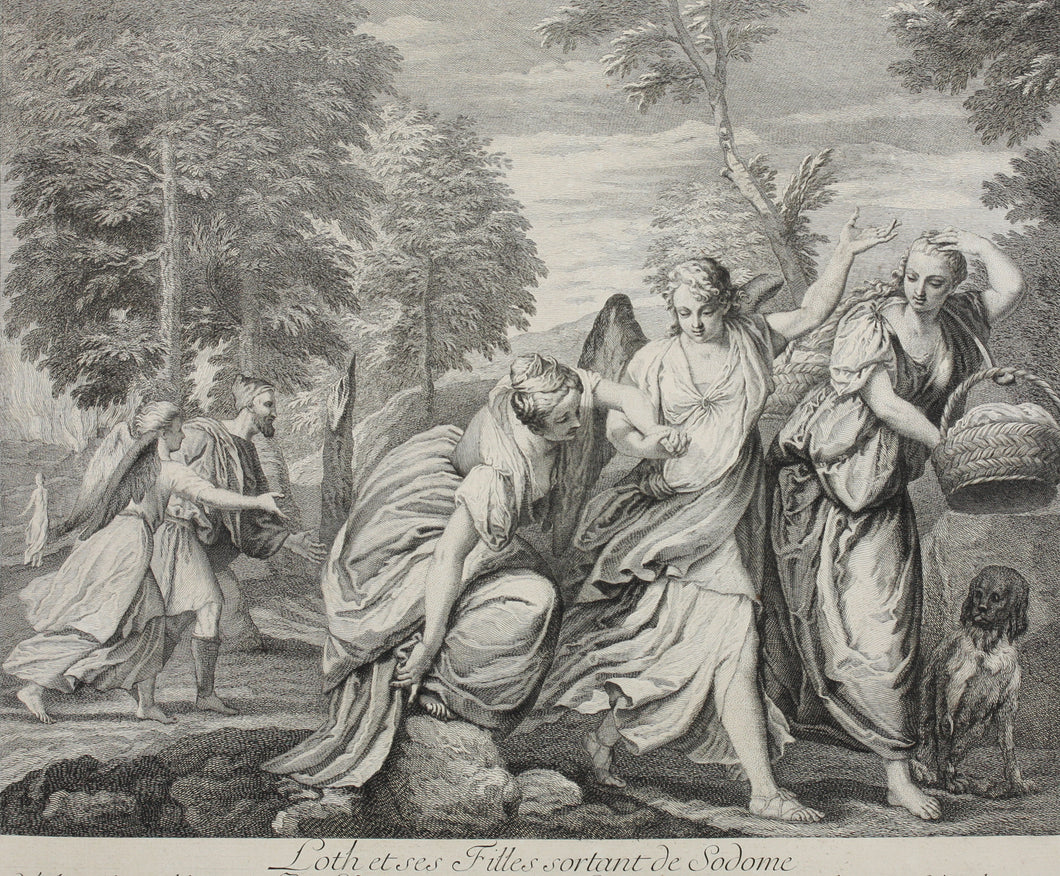 Paolo Veronese, after. Lot and his daughters fleeing Sodom. Engraving by Benoît Audran II. 1742.