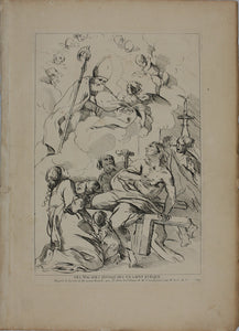 Giacinto Brandi, after. Sick people invoking a holy bishop. Etching by Anne Claude de Caylus. 1742.