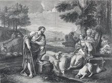 Load image into Gallery viewer, Pier Francesco Mola, after. Jacob meeting Rachel at the well. Engraving by Edmé Jeaurat. 1742.
