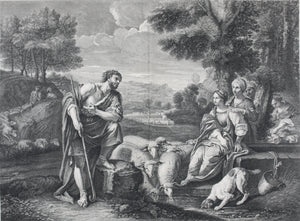 Pier Francesco Mola, after. Jacob meeting Rachel at the well. Engraving by Edmé Jeaurat. 1742.