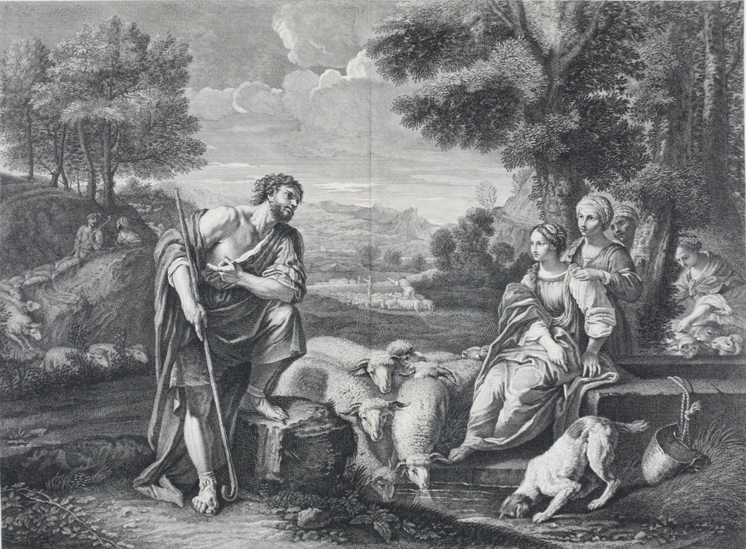 Pier Francesco Mola, after. Jacob meeting Rachel at the well. Engraving by Edmé Jeaurat. 1742.