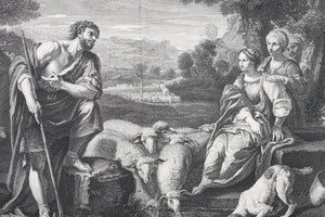 Pier Francesco Mola, after. Jacob meeting Rachel at the well. Engraving by Edmé Jeaurat. 1742.