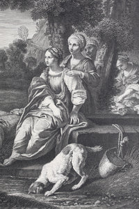 Pier Francesco Mola, after. Jacob meeting Rachel at the well. Engraving by Edmé Jeaurat. 1742.