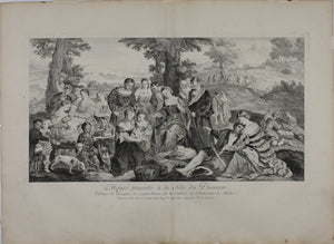 Bonifazio Veronese, after. Moses brought before Pharaoh's daughter. Engraving by Pierre Aveline. 1742.
