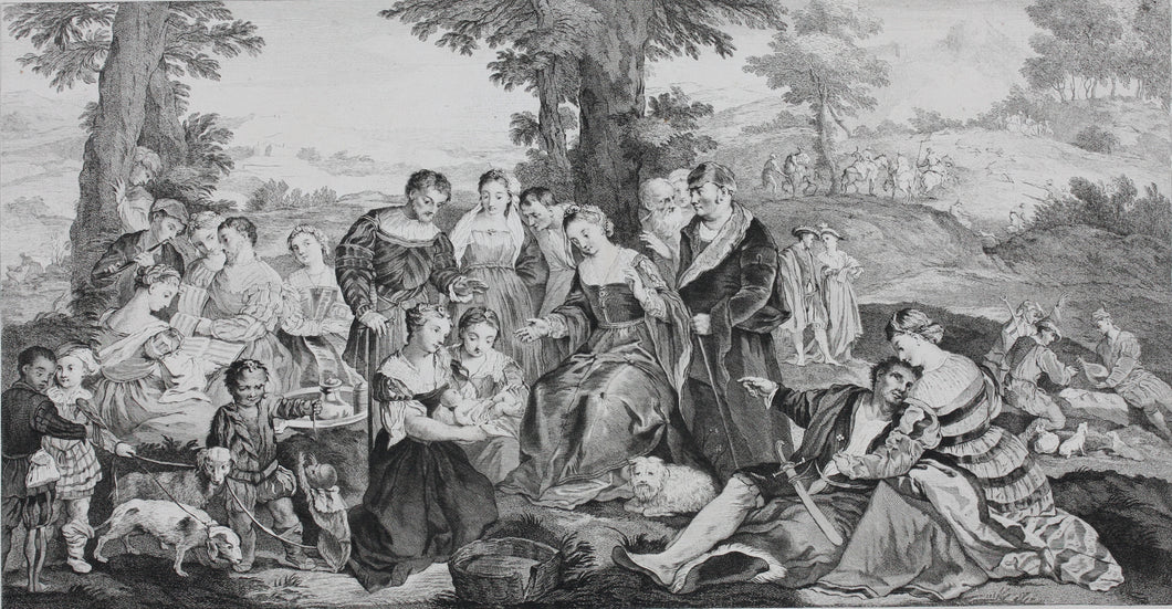 Bonifazio Veronese, after. Moses brought before Pharaoh's daughter. Engraving by Pierre Aveline. 1742.
