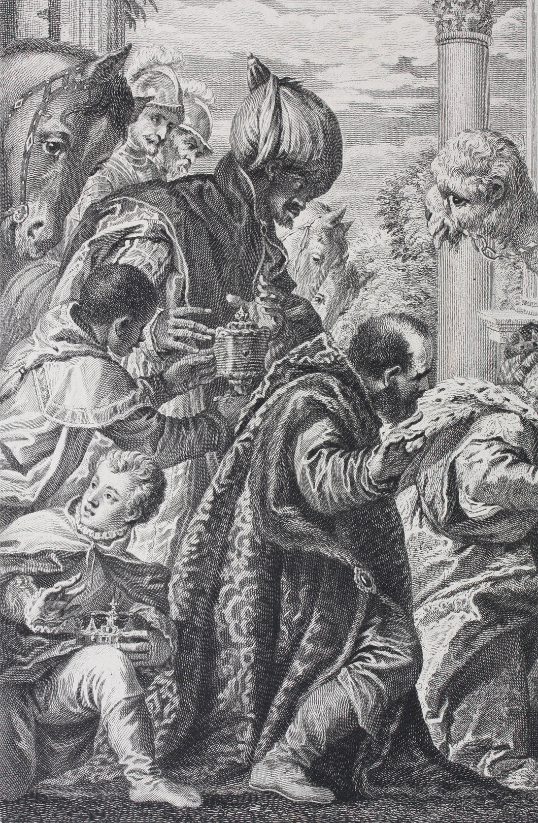 Paolo Veronese, after. Adoration of the Magi. Engraving by Nicolas Gabriel Dupuis. 1742.