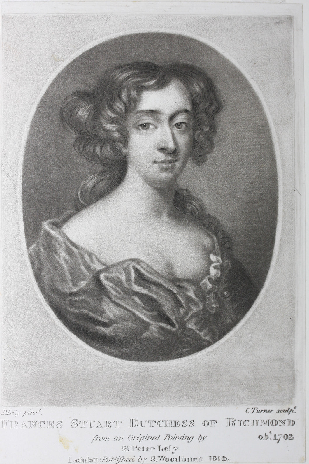 Sir Peter Lely, after. Portrait of Frances Stuart Dutchess of Richmond. Mezzotint by Charles Turner. 1810-1815.