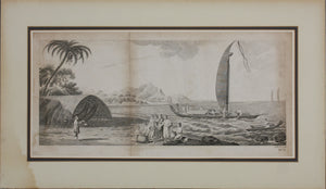 Sydney Parkinson, after. A view in the island of Ulietea (Raiatea) with a double canoe and a boathouse.