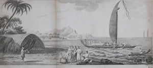 Sydney Parkinson, after. A view in the island of Ulietea (Raiatea) with a double canoe and a boathouse.