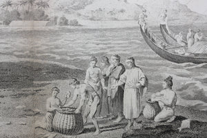 Sydney Parkinson, after. A view in the island of Ulietea (Raiatea) with a double canoe and a boathouse.