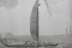 Sydney Parkinson, after. A view in the island of Ulietea (Raiatea) with a double canoe and a boathouse.