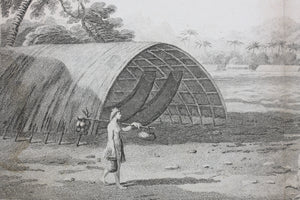 Sydney Parkinson, after. A view in the island of Ulietea (Raiatea) with a double canoe and a boathouse.