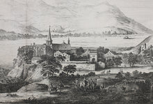 Load image into Gallery viewer, Giovanni Tommaso Borgonio, after. View of Hautecombe Abbey. Engraving. ca 1674.
