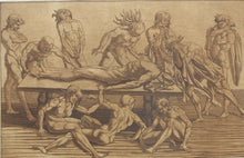 Load image into Gallery viewer, Andrea Mantegna or Antonio Pollaiuolo, after. Mourning over the body of Gattamelata. Etching by Maria Catharina Prestel. 1777.
