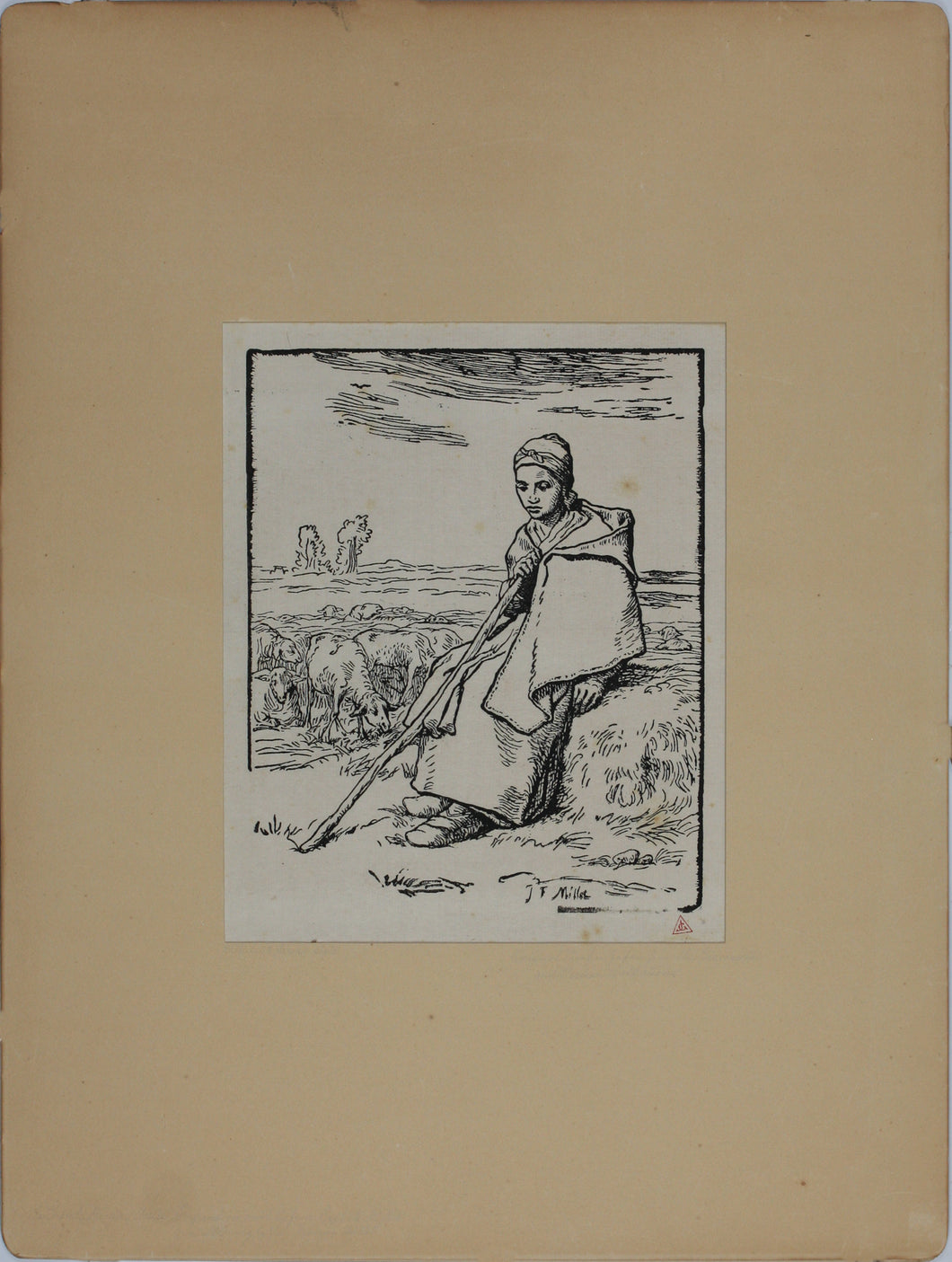 Jean-François Millet, after. Seated Shepherdess. Woodcut by Jean-Baptiste Millet. XIX C..
