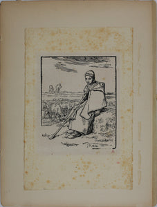 Jean-François Millet, after. Seated Shepherdess. Woodcut by Jean-Baptiste Millet. XIX C..