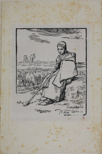 Jean-François Millet, after. Seated Shepherdess. Woodcut by Jean-Baptiste Millet. XIX C..