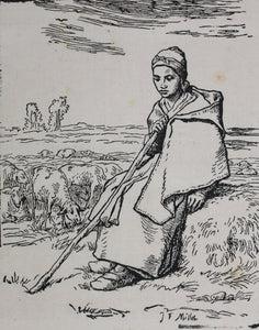 Jean-François Millet, after. Seated Shepherdess. Woodcut by Jean-Baptiste Millet. XIX C..