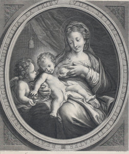 Antonio Correggio, after. Madonna del Latte. Engraving by Nicolas Bazin. 1648-1710.