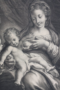 Antonio Correggio, after. Madonna del Latte. Engraving by Nicolas Bazin. 1648-1710.