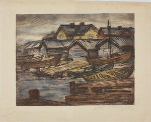 Jalmari Ruokokoski. Boats on shore. Color lithograph. 1928.