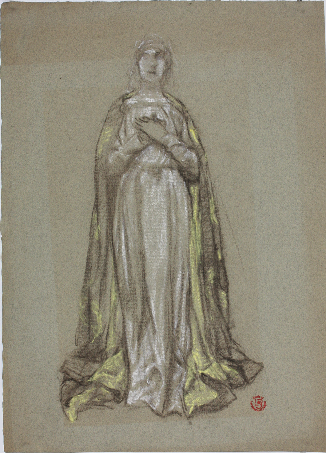 Lee Woodward Zeigler. Female figure in medieval clothes. Charcoal. Early XX C.