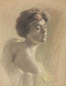 In the taste of Mary Cassatt. Portrait of Mrs. May Cannon. Signed A. E. Crayons. 1909.