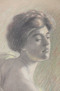 In the taste of Mary Cassatt. Portrait of Mrs. May Cannon. Signed A. E. Crayons. 1909.