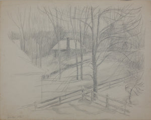 Helena Beacham, attributed to. Winter Landscape with a farm. Graphite drawing. 1967.