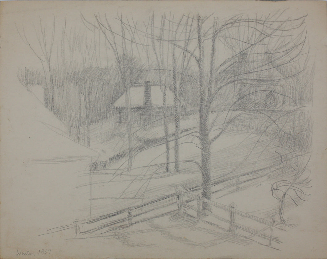 Helena Beacham, attributed to. Winter Landscape with a farm. Graphite drawing. 1967.