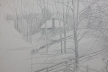 Load image into Gallery viewer, Helena Beacham, attributed to. Winter Landscape with a farm. Graphite drawing. 1967.
