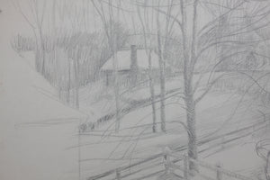 Helena Beacham, attributed to. Winter Landscape with a farm. Graphite drawing. 1967.
